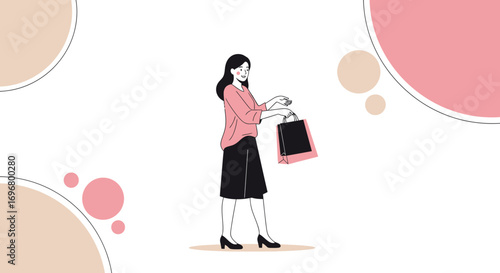 Stylish Woman Carrying Shopping Bags in Hand Drawn Illustrated Minimalist Style Scene