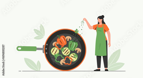 Woman Cooking Fresh Vegetables In Pan, Healthy Vegetarian Meal Illustration
