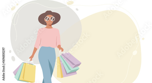 Stylish Woman Enjoying Shopping, Carrying Bags, Fashion Illustration, Minimalism