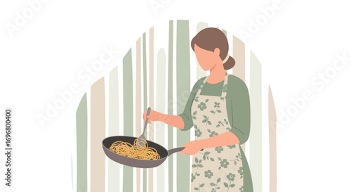 Woman Cooking Pasta in Kitchen with Floral Apron for Culinary Delights Image