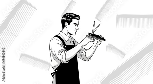 Stylist Performing Haircut With Scissors And Comb In A Classically Refined Approach