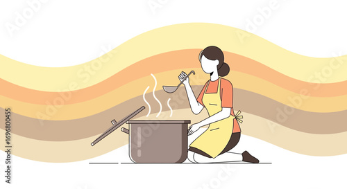 Woman Cooking, Stewing Ingredients, Food Preparation, And Culinary Arts In A Kitchen