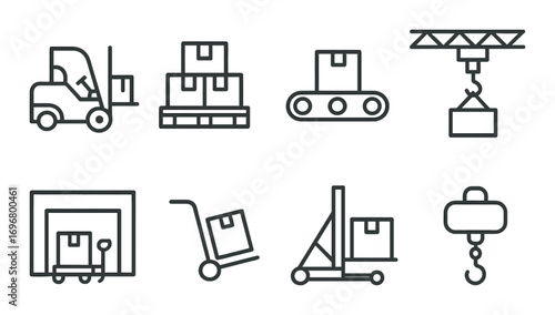 Logistics icons: forklift, boxes, conveyor, crane, pallet, warehouse, dolly, hook