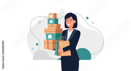 Successful Woman Holding Boxes And Shopping Bags Depicting Consumerism And Purchases Lifestyle