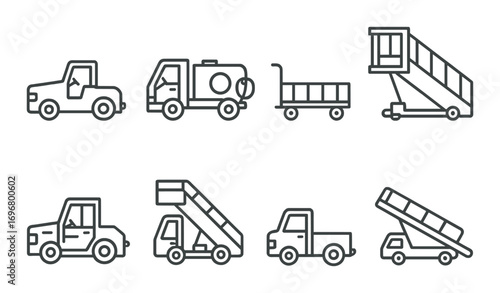 Outline icons of airport ground vehicles on dark background