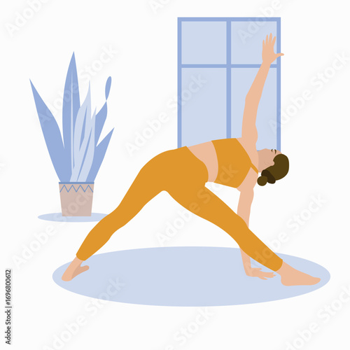 Woman Practicing Triangle Pose Yoga Indoors