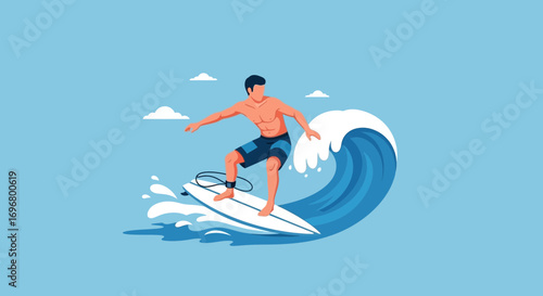 Surfer Riding A Wave, Surfing Illustration, Summertime Fun And Leisure Activity Concept Illustration