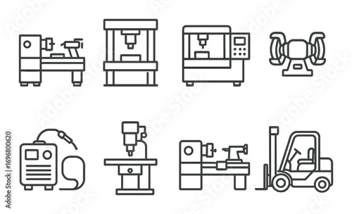 Industrial equipment icons: lathe, press, cnc, grinder, welder, drill, forklift