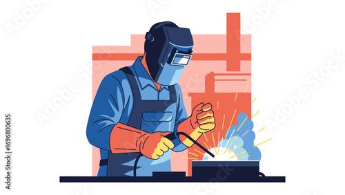 Welder at Work: A skilled welder is shown diligently working with an arc, in a close up perspective. With detailed illustration captures the skill and precision of the trade.
