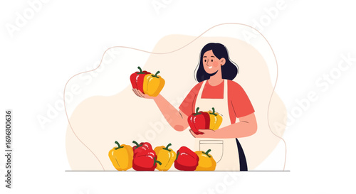 Woman Displaying Perfect Bell Peppers, Preparing For Sale At A Farmers Market