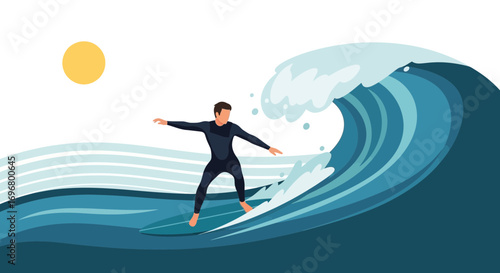 Surfer Riding Spectacular Ocean Wave Under A Blazing Sun, Enjoying The Adventure