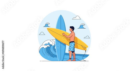 Surfer Standing Beside His Surfboard During A Sunny Day With Ocean Waves.