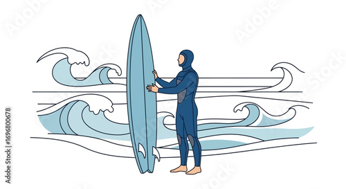 Surfer Standing Beside Surfboard Ready To Brave The Challenging Waves Of The Ocean