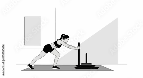 Woman Doing Sled Pushing Exercise In Monochrome, Illustrating Strength Training