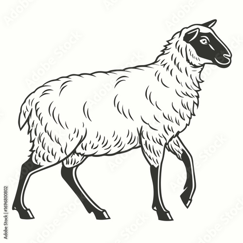 Black and White Illustration of a Sheep with Dark Face and Legs Walking animal livestock