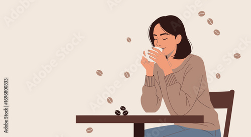 Woman Enjoying A Coffee Break Illustration In A Cafe With Coffee Beans And Sunlight