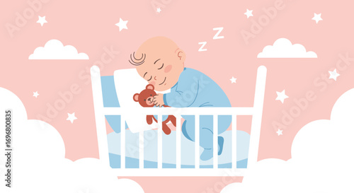 Sweet Dreams: A Peaceful Baby Boy Sleeping Comfortably in His Crib with a Toy Bear