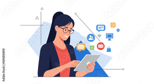 Woman Engrossed In Digital Communication And Modern Technology With Tablet