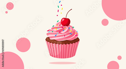 Sweet Decorated Cupcake With Cherry On Top And Pink Colored Background Illustration