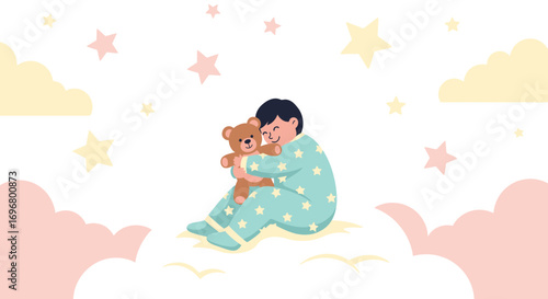 Sweet Dreams: A Child Embracing Their Teddy Bear Under A Peaceful Sky