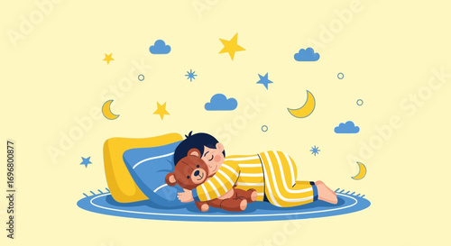 Sweet Dreams Embrace A Boy With Teddy Bear, Embracing Dreams With Night Sky Elements
