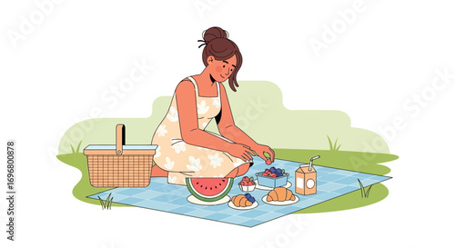 Woman Enjoying A Peaceful Outdoor Picnic With Fruits, Croissants And Drinks