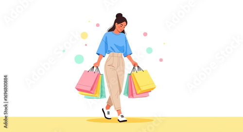 Woman Enjoying A Shopping Spree With Stylish Outfits And Various Colorful Shopping Bags