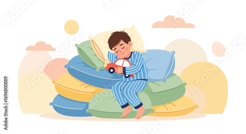 Sweet Dreams Of Playtime: A Calm Child Napping With Toy Car And Pillows
