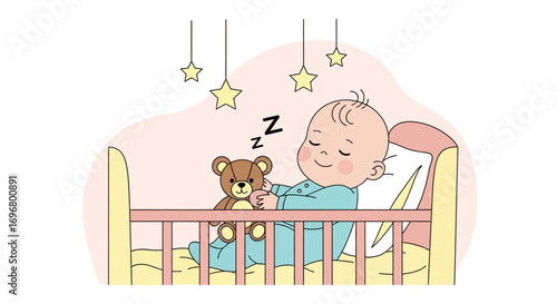 Sweet Dreams: Peaceful Baby Sleeping In Crib With Teddy Bear And Adorable Star Decorations