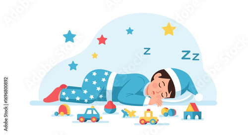 Sweet Dreams: Child's Peaceful Slumber with Toys, Stars, and Gentle Waves of Relaxation