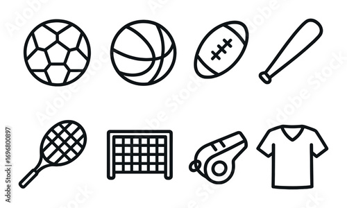 Set of sports icons: soccer ball, basketball, football, baseball bat, tennis racket, goal, whistle, jersey
