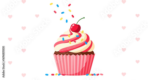 Sweet Temptation: Delicious Cupcake With Cherry And Pink Sprinkles On White Backdrop