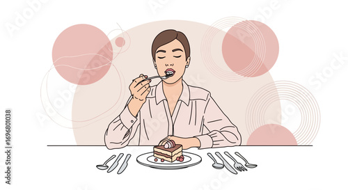 Woman Enjoying Dessert In Minimalist Style, Serene Scene Presents Sweet Treat Moment