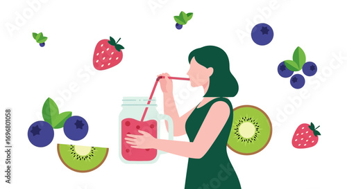 Woman Enjoying Delicious Fruit Smoothie, Healthy Lifestyle and Nourishment Illustration