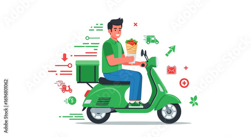 Swift Food Delivery Service: A Young Man Delivering Wrap on A Green Motorbike