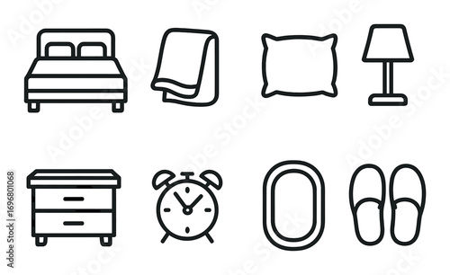 Minimalist bedroom icons: bed, blanket, pillow, lamp, dresser, clock, rug, slippers