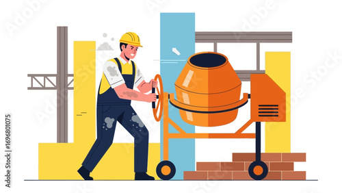 Construction Worker and Concrete Mixer: A focused construction worker skillfully operates a concrete mixer on a construction site, demonstrating the process of construction.
