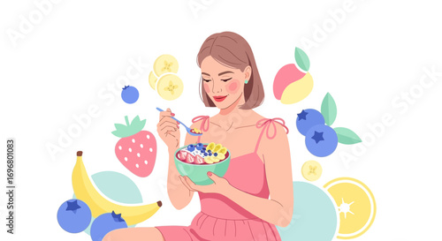 Woman Enjoying Fresh Fruit Bowl, Healthy Eating Habit, Beautiful Illustration
