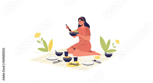 Woman Enjoying Meal Outdoors on a Picnic Blanket, Simple Illustration Style