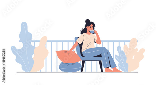 Woman Enjoying Morning Coffee on Balcony Relaxed in a Moment of Serenity