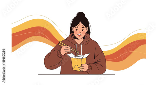 Woman Enjoying Noodles in a Box with Graphic Abstract Background on White