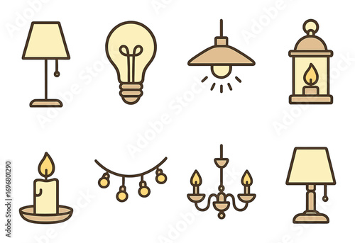Variety of lighting icons on gold background featuring lamps and candles