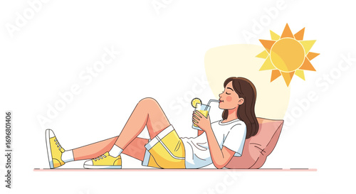 Woman Enjoying Sunshine And Refreshing Drink During Relaxing Leisure Time