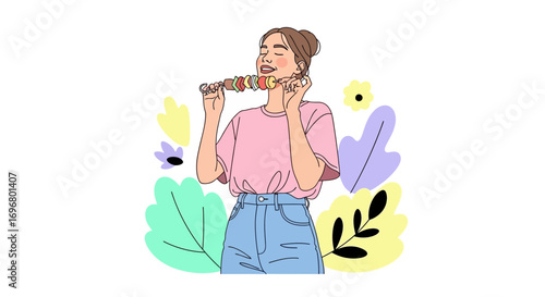 Woman Enjoying Skewer Outdoors With Delicious Colorful Grill Ingredients, Simple Illustration