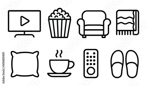 Cozy movie night icons: tv, popcorn, armchair, blanket, pillow, coffee, remote, slippers