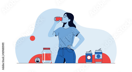 Woman Enjoying Soft Drink While Surrounded By Beverages and Refreshing Icons