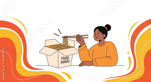 Woman Enjoying Takeaway Noodles From A Box, Conceptual Illustration Of A Meal