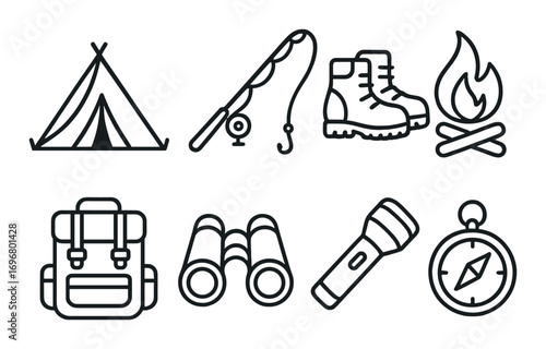 Camping gear icons: tent, fishing rod, boots, campfire, backpack, binoculars, flashlight, compass