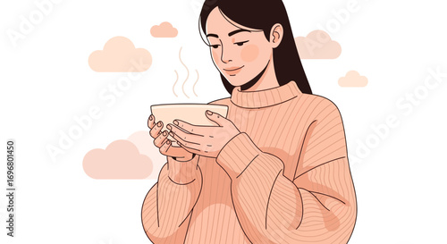 Woman Enjoying Warm Beverage, Illustration of Cozy Moment with Steaming Cup