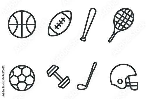 Sports equipment icons: basketball, football, baseball, tennis, soccer, dumbbell, golf, helmet